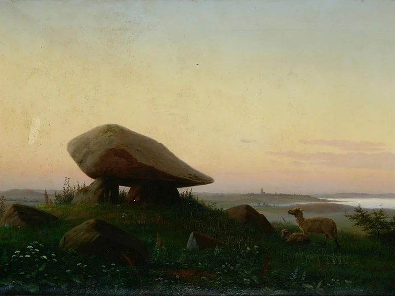 1839-Hans Gabriel Friis - Atmosfera mattutina con pecore vicino a un dolmen - 1864